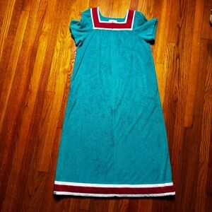 Chic Teal Maxi Terry Cloth Dress with Pink and White Trim
